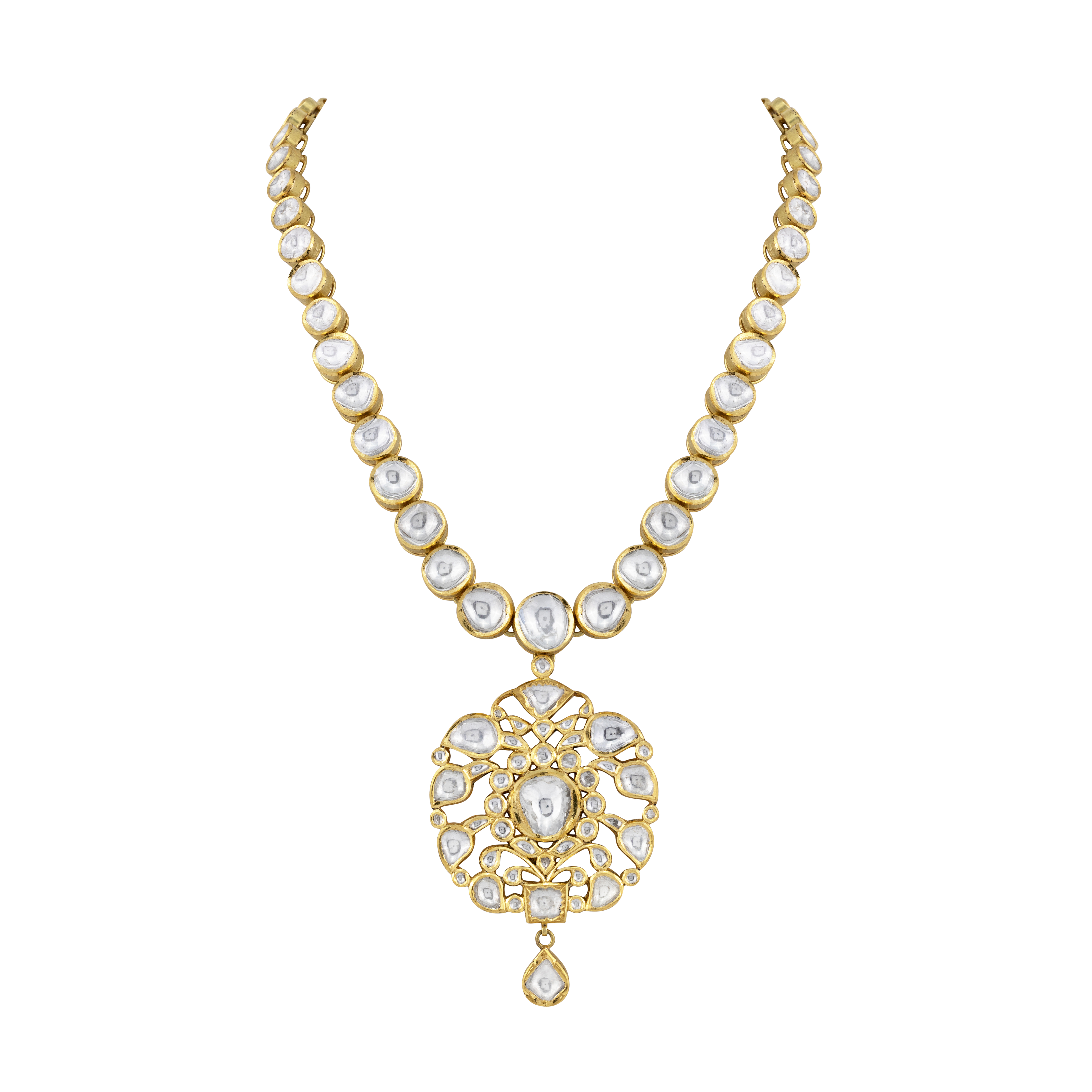 Polki Necklace with Intricate Floral Pendant